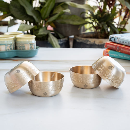 Brass Floral Embossed Matt Finish Bowl – 4 Inch Serving Bowl