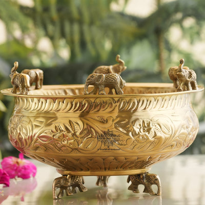 Brass Embossed Decorative Bowl with Elephant Statue, 6/8/10 Inch