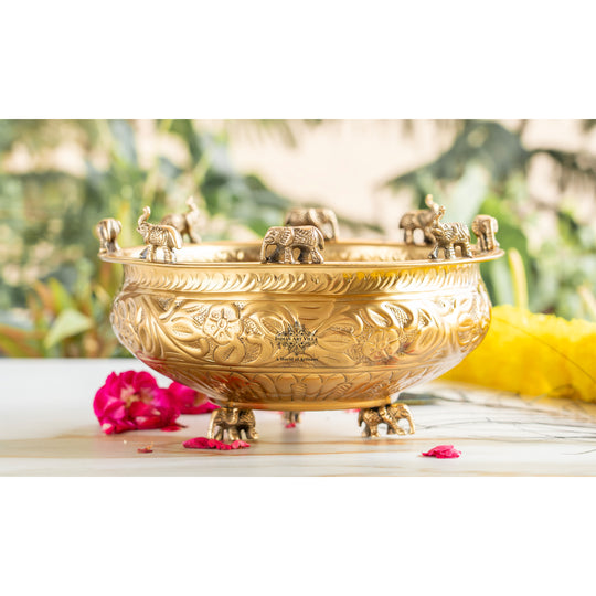 Brass Embossed Decorative Bowl with Elephant Statue, 6/8/10 Inch