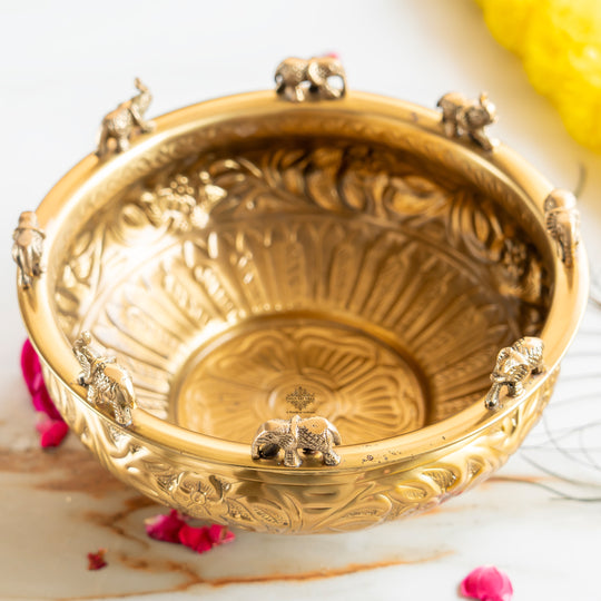 Brass Embossed Decorative Bowl with Elephant Statue, 6/8/10 Inch