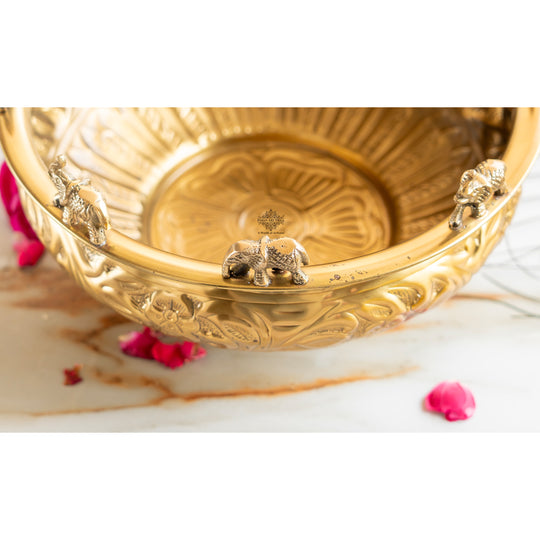 Brass Embossed Decorative Bowl with Elephant Statue, 6/8/10 Inch
