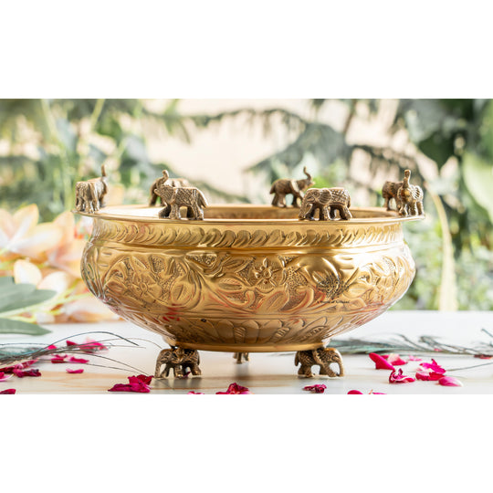 Brass Embossed Decorative Bowl with Elephant Statue, 6/8/10 Inch