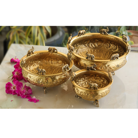 Brass Embossed Decorative Bowl with Elephant Statue, 6/8/10 Inch