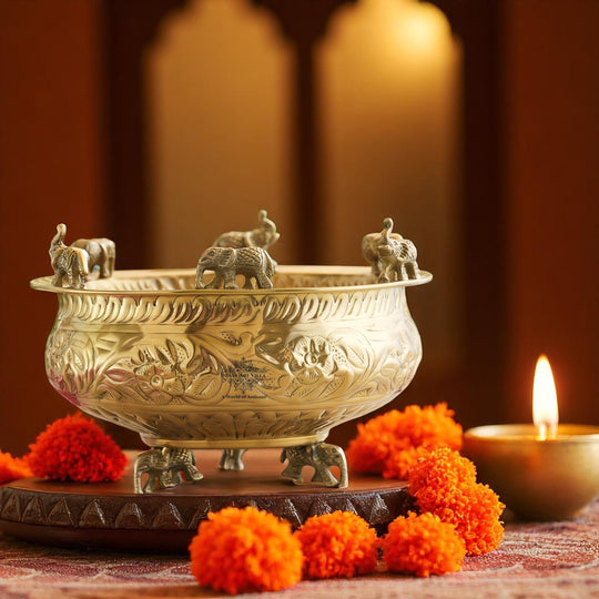 Brass Embossed Decorative Bowl with Elephant Statue, 6/8/10 Inch