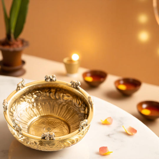 Brass Embossed Decorative Bowl with Elephant Statue, 6/8/10 Inch