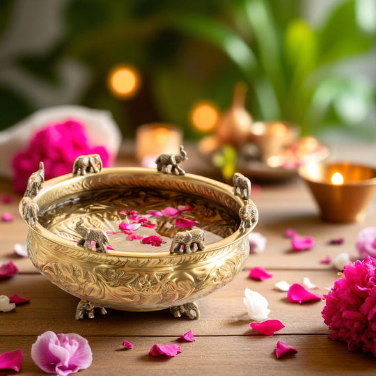 Brass Embossed Decorative Bowl with Elephant Statue, 6/8/10 Inch