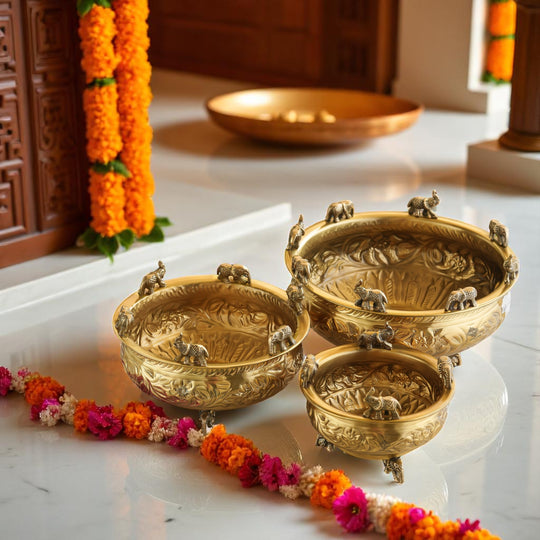 Brass Embossed Decorative Bowl with Elephant Statue, 6/8/10 Inch
