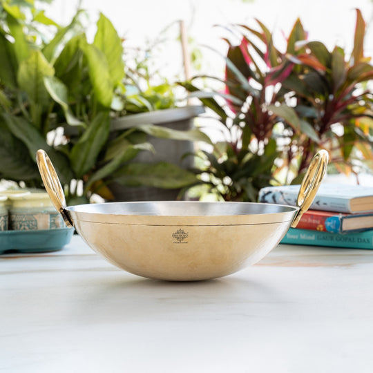 Pure Brass Wok with Inside Tin Lining & Hammered Design