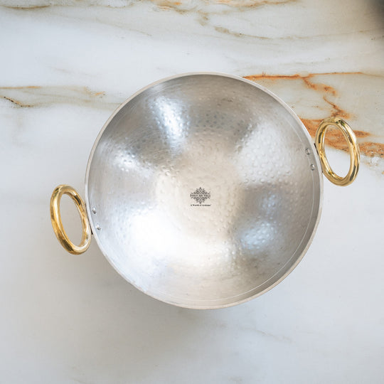 Pure Brass Wok with Inside Tin Lining & Hammered Design