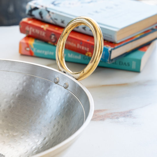 Pure Brass Wok with Inside Tin Lining & Hammered Design