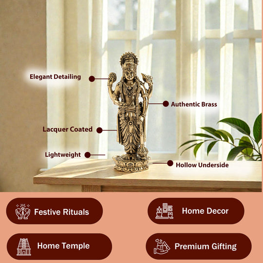 Pure Brass Lord Vishnu JI Idol – Four Armed Standing Statue on Lotus