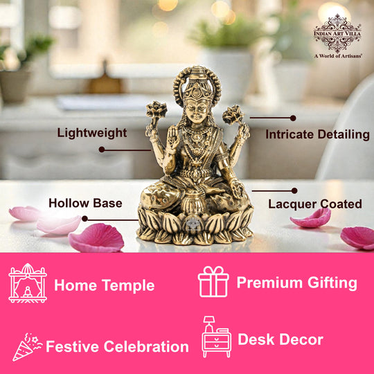 Brass Lakshmi Idol Sitting on Lotus, 3 Inch