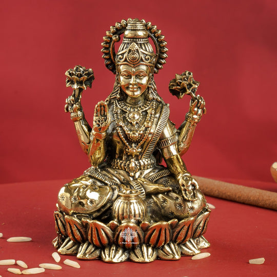 Brass Lakshmi Idol Sitting on Lotus, 3 Inch