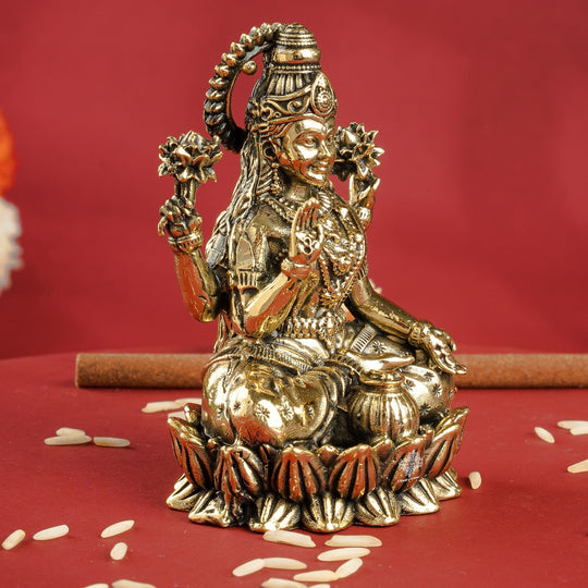 Brass Lakshmi Idol Sitting on Lotus, 3 Inch