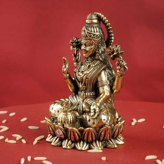 Brass Lakshmi Idol Sitting on Lotus, 3 Inch