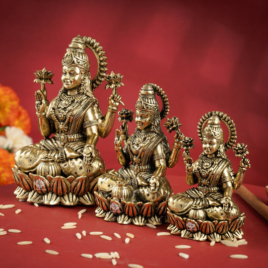 Brass Lakshmi Idol Sitting on Lotus, 3 Inch