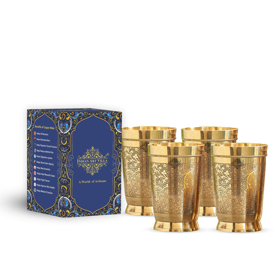 Indian Art Villa Pure Brass Embossed Design Glass with Bottom -10.14 Oz