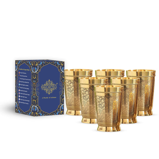 Indian Art Villa Pure Brass Embossed Design Glass with Bottom -10.14 Oz