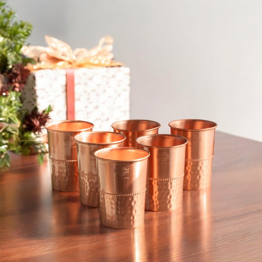 Half Hammered Lacquer Finish Copper Tumbler With 2 & 4 Sets, 9oz/275 ML