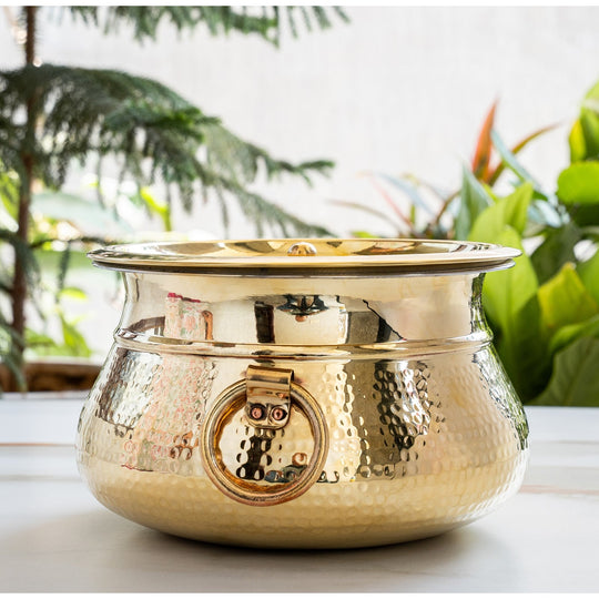 Hammered Brass Cooking Pot with Tin Lining, Handle & Lid, 114/118/219 oz