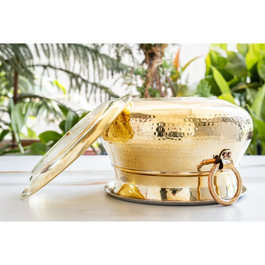 Hammered Brass Cooking Pot with Tin Lining, Handle & Lid, 114/118/219 oz