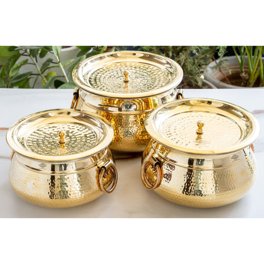Hammered Brass Cooking Pot with Tin Lining, Handle & Lid, 114/118/219 oz