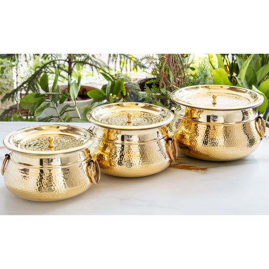 Hammered Brass Cooking Pot with Tin Lining, Handle & Lid, 114/118/219 oz