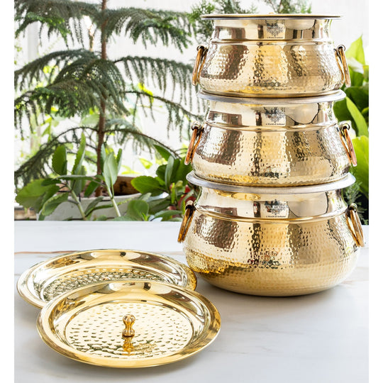 Hammered Brass Cooking Pot with Tin Lining, Handle & Lid, 114/118/219 oz