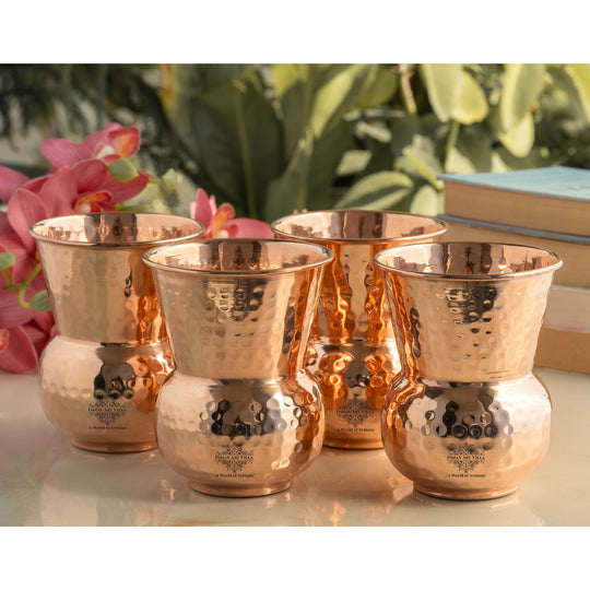 Copper Round Hammered Tumbler With 2 & 4 Sets | Indian Art Villa