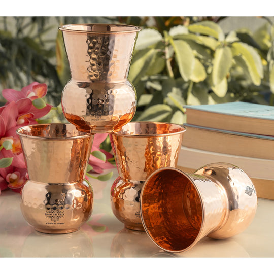 Copper Round Hammered Tumbler With 2 & 4 Sets | Indian Art Villa