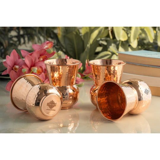 Copper Round Hammered Tumbler With 2 & 4 Sets | Indian Art Villa