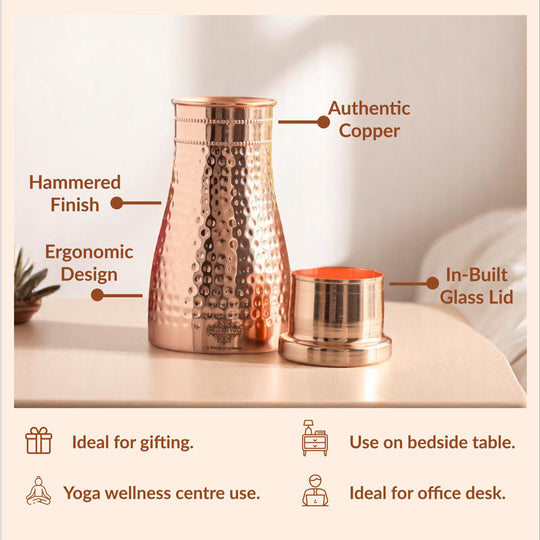 Hammered Shine Copper Bedroom Carafe with Inbuilt Tumbler, 20oz/32oz