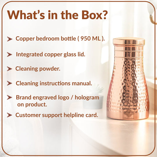 Hammered Shine Copper Bedroom Carafe with Inbuilt Tumbler, 20oz/32oz