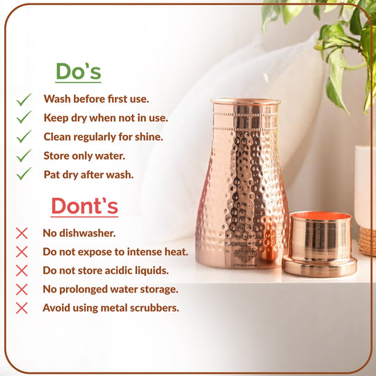 Hammered Shine Copper Bedroom Carafe with Inbuilt Tumbler, 20oz/32oz