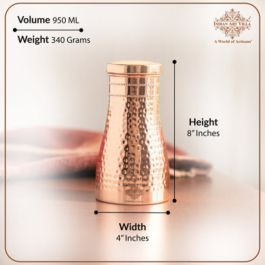 Hammered Shine Copper Bedroom Carafe with Inbuilt Tumbler, 20oz/32oz