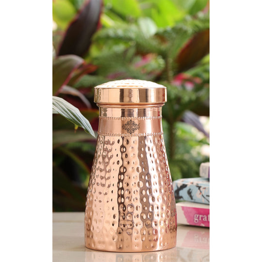 Hammered Shine Copper Bedroom Carafe with Inbuilt Tumbler, 20oz/32oz