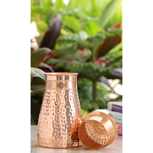 Hammered Shine Copper Bedroom Carafe with Inbuilt Tumbler, 20oz/32oz