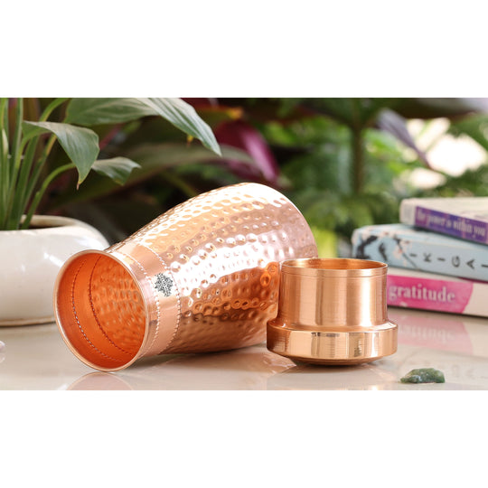 Hammered Shine Copper Bedroom Carafe with Inbuilt Tumbler, 20oz/32oz