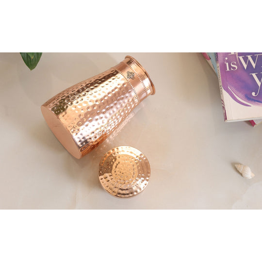 Hammered Shine Copper Bedroom Carafe with Inbuilt Tumbler, 20oz/32oz
