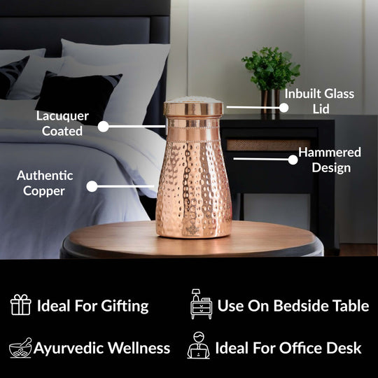 Hammered Shine Copper Bedroom Carafe with Inbuilt Tumbler, 20oz/32oz