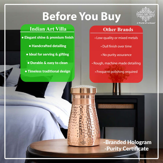 Hammered Shine Copper Bedroom Carafe with Inbuilt Tumbler, 20oz/32oz