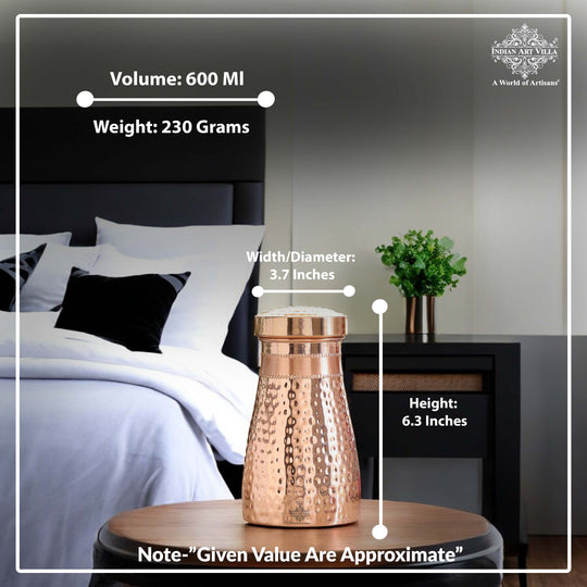 Hammered Shine Copper Bedroom Carafe with Inbuilt Tumbler, 20oz/32oz