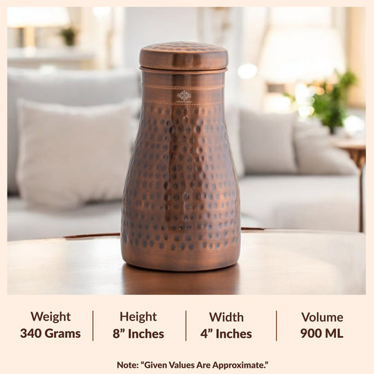 Hammered Shine Copper Bedroom Carafe with Inbuilt Tumbler, 20oz/32oz