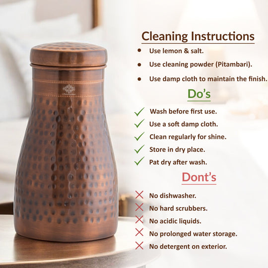 Hammered Shine Copper Bedroom Carafe with Inbuilt Tumbler, 20oz/32oz