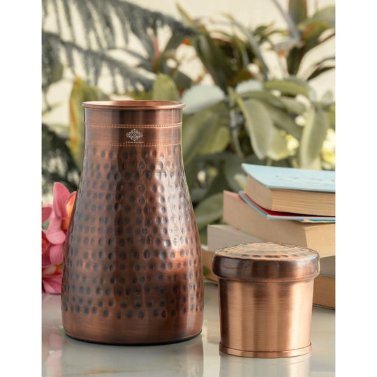 Hammered Shine Copper Bedroom Carafe with Inbuilt Tumbler, 20oz/32oz