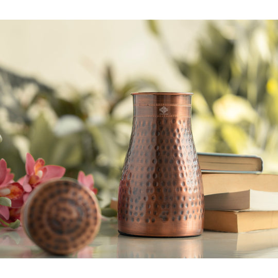 Hammered Shine Copper Bedroom Carafe with Inbuilt Tumbler, 20oz/32oz