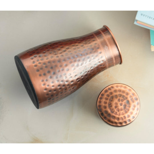 Hammered Shine Copper Bedroom Carafe with Inbuilt Tumbler, 20oz/32oz