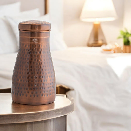 Hammered Shine Copper Bedroom Carafe with Inbuilt Tumbler, 20oz/32oz