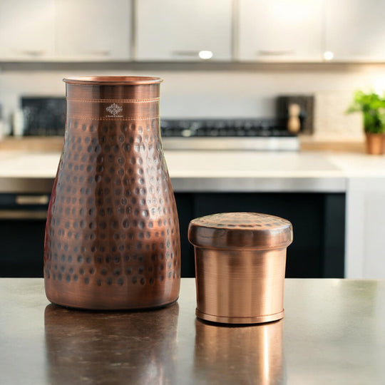 Hammered Shine Copper Bedroom Carafe with Inbuilt Tumbler, 20oz/32oz