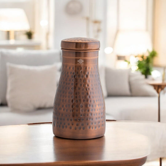 Hammered Shine Copper Bedroom Carafe with Inbuilt Tumbler, 20oz/32oz